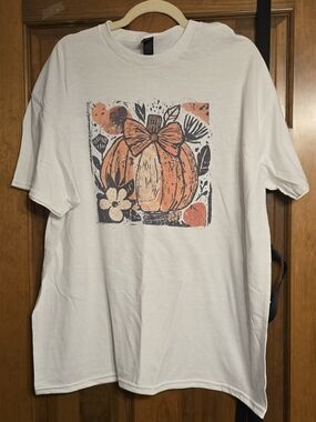 White Home Accent Tee with Orange Pumpkin Print
